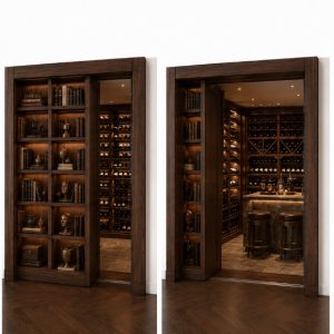 Four-stage sequence of a Tono CP500 bookcase sliding flush to reveal a wine cellar
