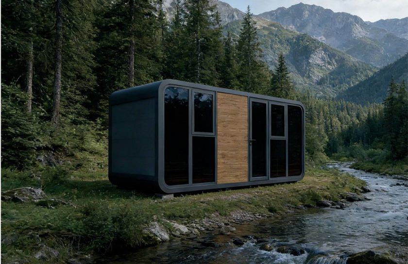 Dark compact prefab modular cabin with a central wood-slat panel beside a mountain stream — Tono Homestay cabin