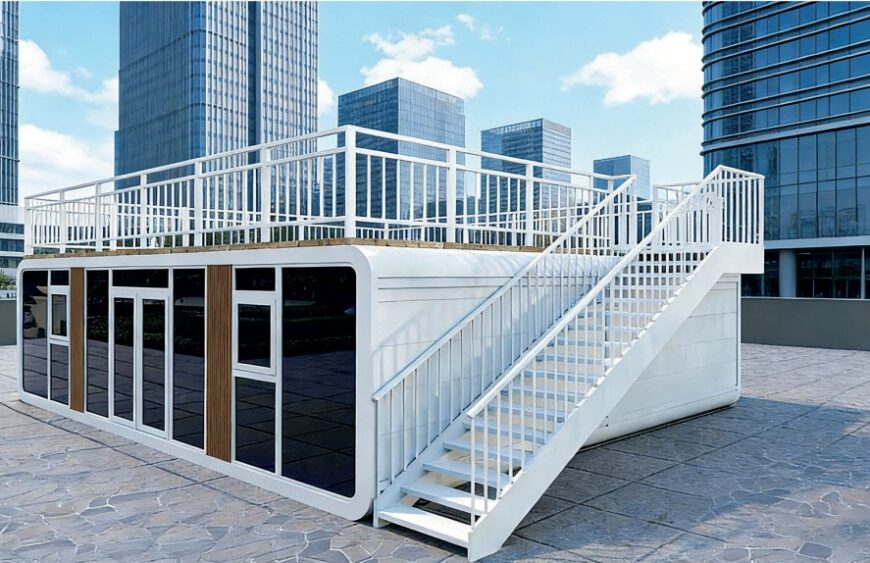 Prefab portable office cabin with a rooftop terrace and external stairs in a business district — Tono TC-O2 Office Series