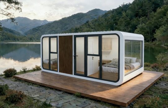 White prefab modular cabin with a wood-slat front on a deck by a lake — Tono TC-H3 twin homestay pod