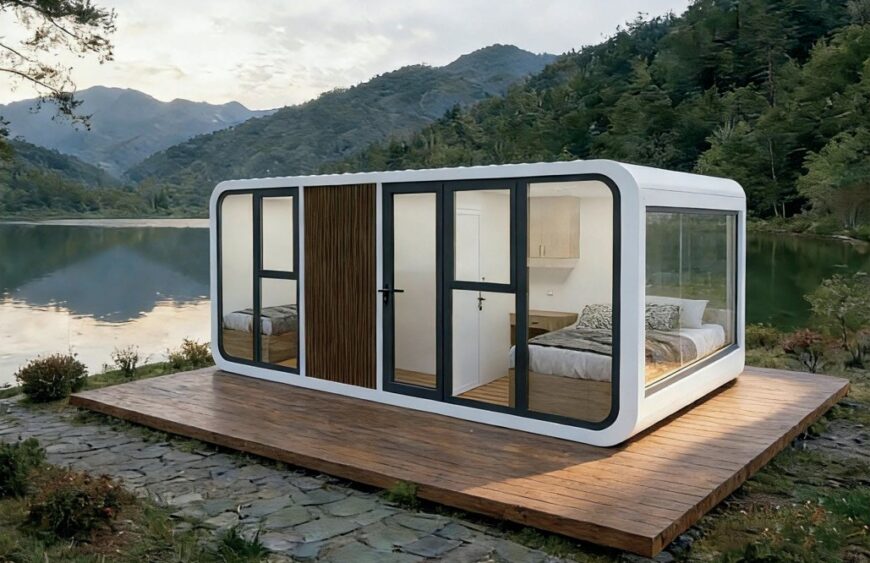 White prefab modular cabin with a wood-slat front on a deck by a lake — Tono TC-H3 twin homestay pod