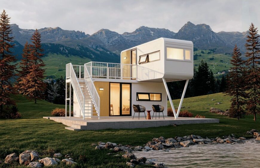 Two-storey prefab modular cabin with a cantilevered upper unit and terrace in the mountains — Tono TC-H5 Homestay cabin