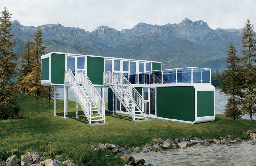 Two-storey green prefab modular cabin with rooftop terrace beside a lake — Tono TC-H8 multi-room homestay cabin